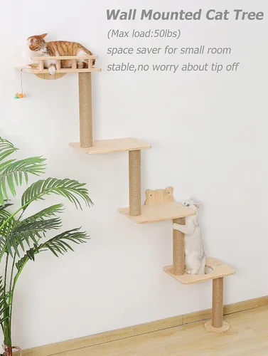 Miniatura 2 de Árbol para gatos montado en la pared con estantes de 4 niveles, torre de esquina de madera de 73 pulgadas con poste rascador interior para gatitos