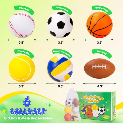 Miniatura 2 de PlayZap Paquete de 6 pelotas para niños pequeños, juego de pelotas suaves de espuma, 3.5 pulgadas, pequeñas, fútbol, baloncesto, béisbol, fútbol 3.5