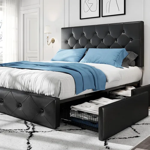 Miniatura 16 de HOOMIC Base de cama de almacenamiento de plataforma de tamaño matrimonial con 4 cajones y cabecera ajustable, listones de madera, no necesita Gris