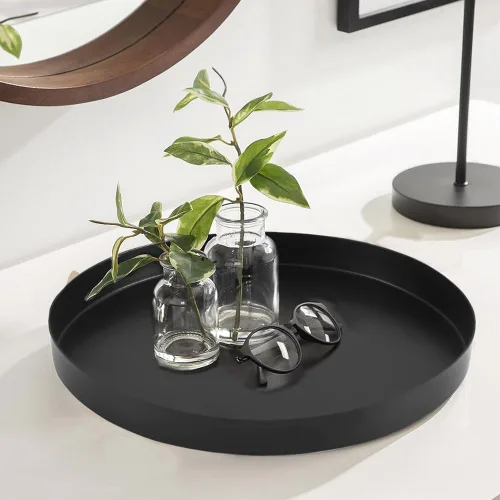 Miniatura 6 de Bandeja redonda de metal negro para velas, bandeja de servir decorativa para decoraciones modernas de hogar de granja (11.8")
