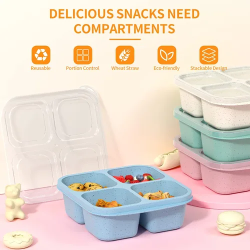 Miniatura 5 de Cajas Bento para Aperitivos (Paquete de 4) - Contenedores Reutilizables de 4 Compartimentos para Preparación de Comida para Niños y Adultos