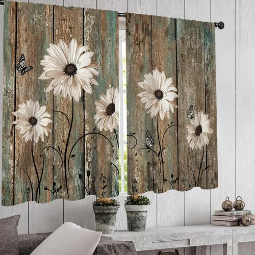 Miniatura 3 de Cortinas de cocina vintage retro de madera, con bolsillo para cortinero, 27.5 pulgadas de ancho x 39 pulgadas de largo, 2 paneles de flores blancas
