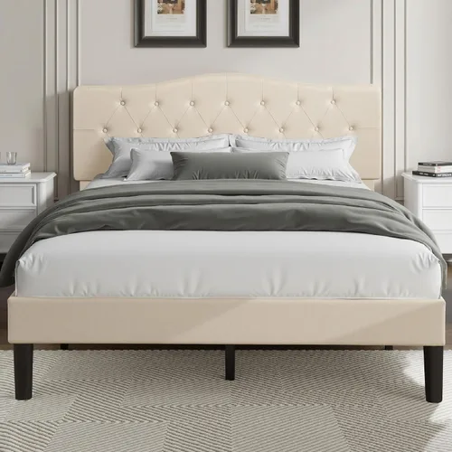 Miniatura 13 de VECELO Base de cama de plataforma de tamaño individual con cabecera tapizada de tela y soporte de listones de madera, no necesita somier/fácil Beige