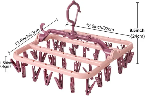 Miniatura 2 de Foshine Percheros de secado de ropa plegables con ganchos de clip de plástico y 32 clips de secado a prueba de viento, colgador de ropa interior Rosa