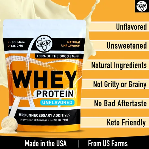 Miniatura 3 de Proteína whey en polvo 100 % natural, sin sabor, desnaturalizada; baja en carb., libre de soja, libre de gluten, libre de GMO,; 2 libras,TGS