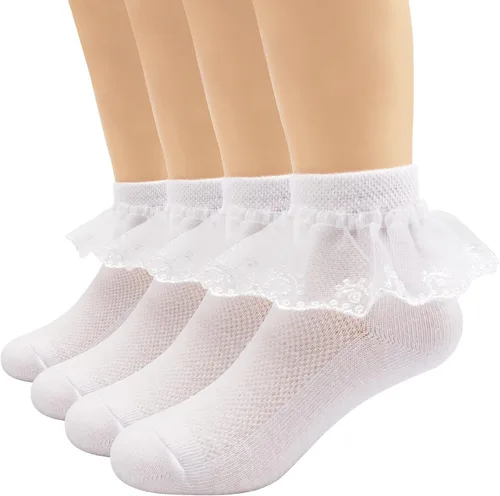 Miniatura 22 de Looching 4 pares de calcetines de encaje de princesa de algodón con volantes sólidos para niñas pequeñas