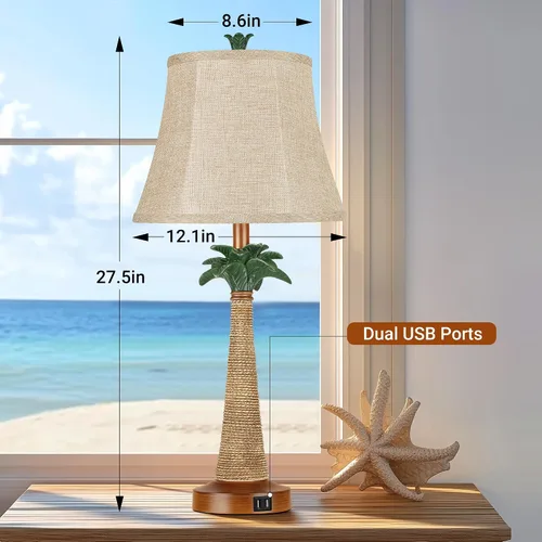 Miniatura 6 de Hamucd Juego de 2 lámparas de mesa con palmera costera con 2 puertos USB para sala de estar, playa, lámparas náuticas para mesita de noche