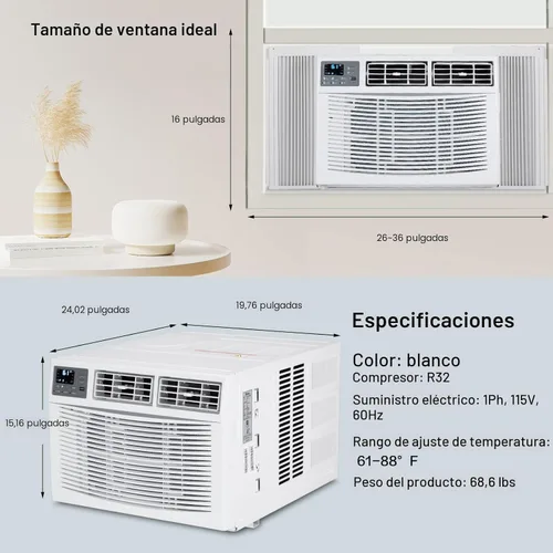 Miniatura 6 de ROVSUN Unidad de ventana de aire acondicionado de 8000 BTU con calor, unidad de aire acondicionado 4 en 1, calentador, deshumidificador y ventilador