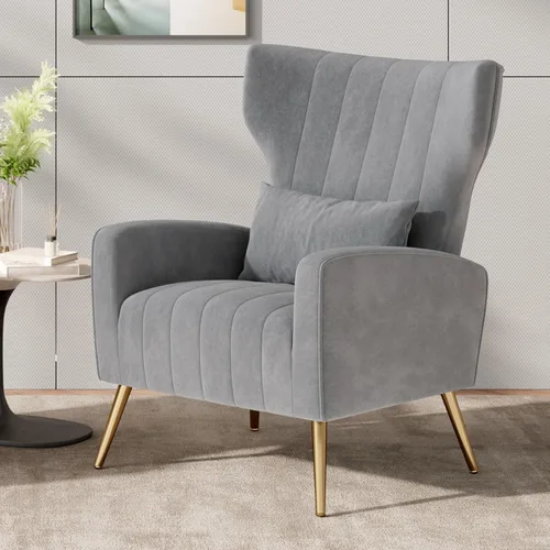 Miniatura 15 de Nalupatio Sillas decorativas de terciopelo, moderno sillón con respaldo alto con almohada lumbar, sillón tapizado de respaldo alto con patas de Beige