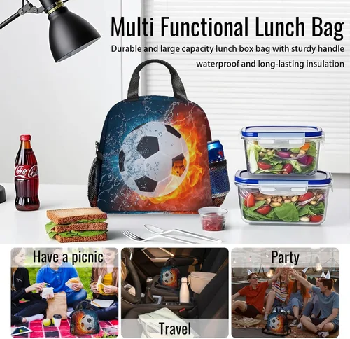 Miniatura 7 de Bolsa de almuerzo de fútbol con aislamiento, bolsa de comida de gran capacidad para niños, mujeres y hombres, bolsa enfriadora, impermeable, correa