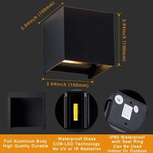 Miniatura 5 de Aplique de Pared de Aluminio Impermeable LED, 100-277V 3000K Aplique de Pared Cuadrado al Aire Libre Luz Cálida 2 LEDs Luz de Pared Exterior Negra
