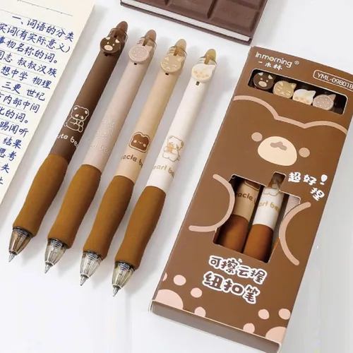 Miniatura 7 de MOZXIRZ 4 bolígrafos de tinta de gel borrables retráctiles, bonitos bolígrafos de oso de 0.5mm, bolígrafo de punta fina, suministros escolares