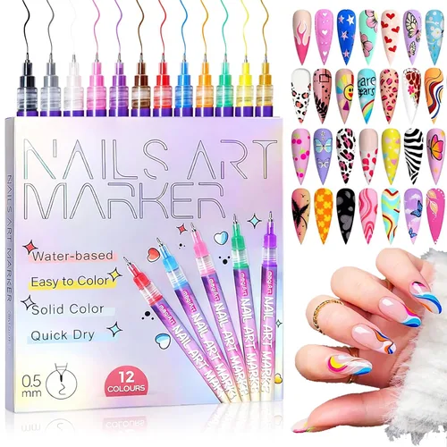 Juego de bolígrafos de arte de uñas de 12 colores, marcadores de arte de uñas para pintar uñas, punta fina de 0.020 in para arte de uñas, kit de