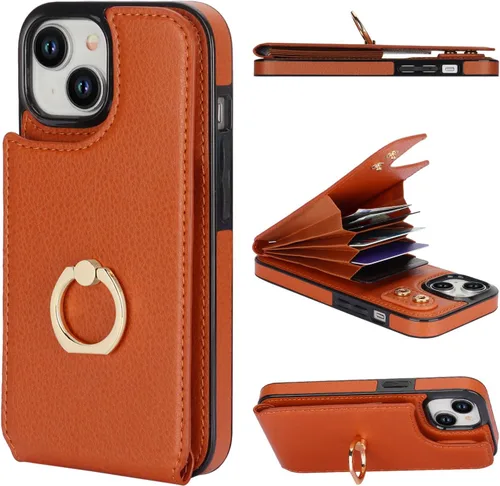 Miniatura 14 de Folosu Compatible con iPhone 15 Funda cartera con tarjetero con rotación de 360°, soporte de anillo de dedo con función atril, bloqueo RFID