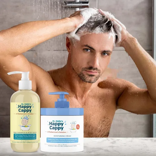 Miniatura 4 de Happy Cappy Paquete de champú para bebés, gel de baño y crema hidratante – Eczema Body Wash y loción para niños y niños pequeños, ayuda