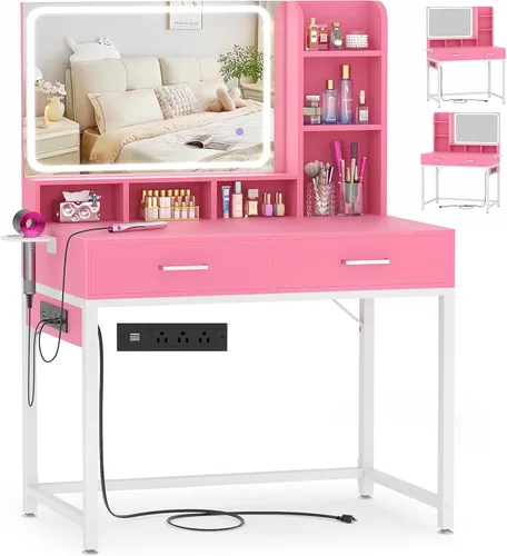 Miniatura 13 de Escritorio de tocador pequeño, escritorio de tocador con espejo y luces, escritorios de maquillaje con regleta eléctrica, mesa de tocador