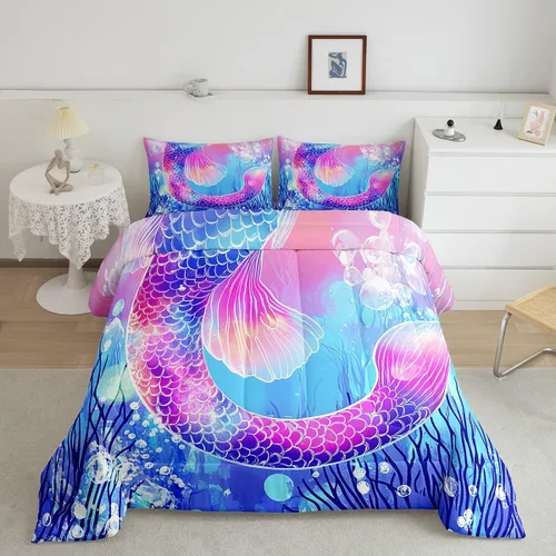 Miniatura 24 de Edredón de plumón de delfín para niños, juego de edredón del mundo submarino, juego de ropa de cama coral de peces dorados, tamaño individual
