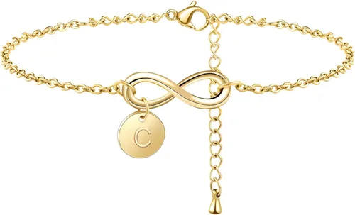 Miniatura 2 de Pulseras de oro con inicial para mujer, delicadas pulseras de oro de 14 quilates, con cadena de clip y letra inicial, 26 cuentas de disco