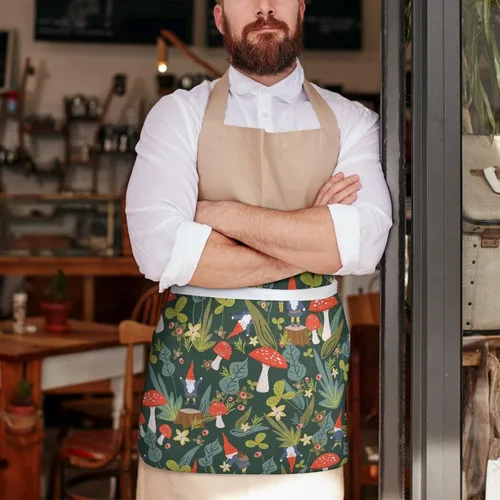 Miniatura 7 de Delantal de media cintura con patrón de hongos con 3 bolsillos para restaurante con correa larga, delantales a juego para mujeres y hombres
