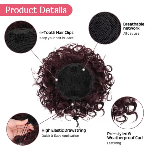 Miniatura 3 de HOOJIH - Moño rizado, pieza de cabello para moño desordenado con cordón elástico, extensión de moño grande y completo, extensión de cabello Rojo
