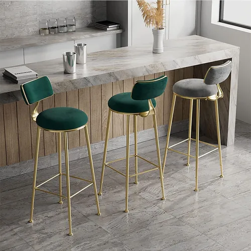 Miniatura 7 de Taburetes de bar de terciopelo modernos con respaldo y patas de metal dorado, cómodas sillas de bar altas tapizadas para cocina, isla de desayuno