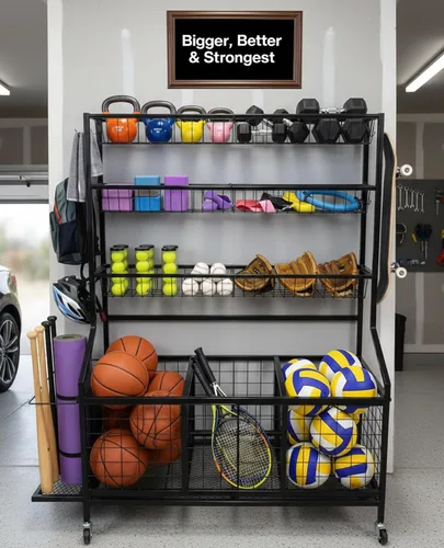 AMPLY Organizador de equipo deportivo, estante de almacenamiento de pelotas deportivas rodantes con cubos de bolas grandes, rejilla lateral para