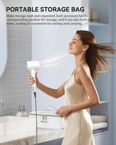 Miniatura 8 de Secador de pelo de alta velocidad iónico para cabello rizado, silencioso con control térmico y boquilla para viajes en casa, color blanco