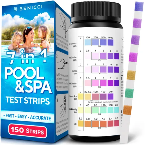 Tiras de prueba 7 en 1 precisas para piscina, 150 tiras de prueba de spa para bañera de hidromasaje, kit de prueba rápida de agua de piscina, bromo,