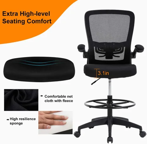 Miniatura 7 de Silla de oficina alta, de altura ajustable, con soporte lumbar y brazos abatibles; silla de respaldo de malla con reposapiés. Banco para escritorio