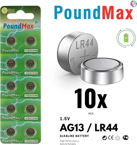Miniatura 2 de PoundMax 10 x AG13 LR44 1.5 V Batería de botón de celda alcalina