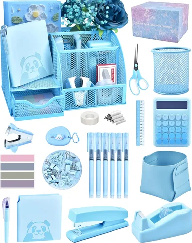 23 accesorios de escritorio azules y organizadores con organizador de malla, calculadora dispensadora de cinta y un montón de suministros de oficina