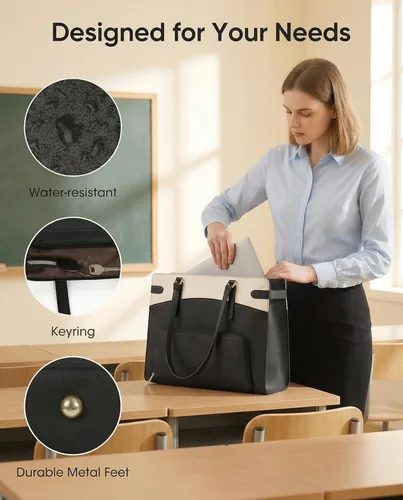 Miniatura 5 de RAINSMORE Bolsa para portátil 2 en 1 con compartimento de almuerzo aislado para mujeres, bolsa de trabajo de piel sintética de 15.6 pulgadas