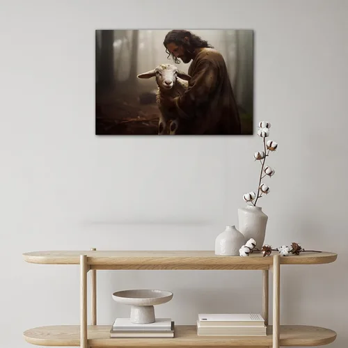 Miniatura 3 de Arte de pared en lienzo de Jesús y Cordero, Arte de pared en lienzo de Jesús abrazando a un cordero fangoso, Arte de pared cristiano para decoración