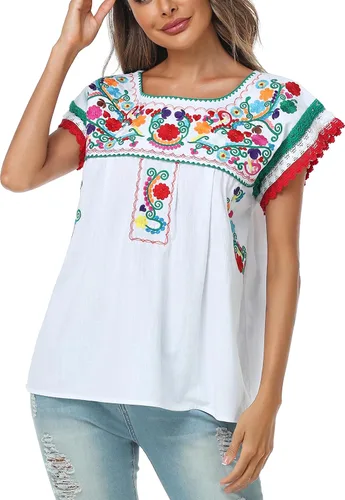 Miniatura 3 de YZXDORWJ Blusa tradicional colorida con encaje bordado mexicano para mujer, camiseta tricolor para el día de la independencia mexicana