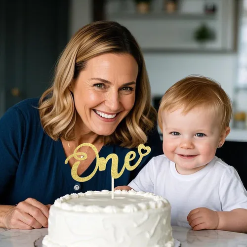 Miniatura 5 de ALISSAR Decoración dorada de doble cara con purpurina para el primer cumpleaños, decoración de pastel para primer cumpleaños de niño y niña, primer