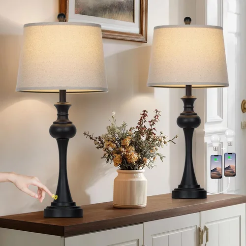 Miniatura 10 de CINSARY Lámpara de mesa marrón alta de 29", lámpara de noche con control táctil regulable en 3 vías con USB A+C y toma de corriente AC