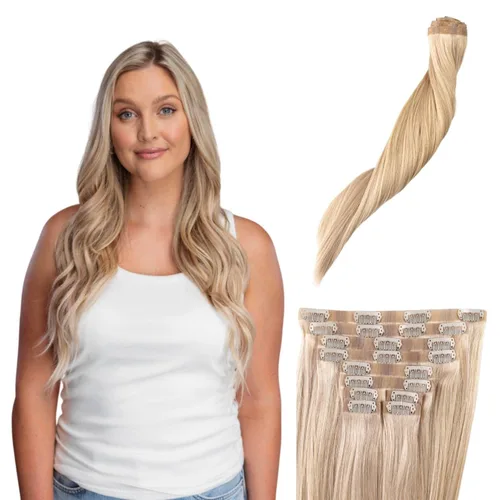 Miniatura 8 de BFB Hair Extensiones de cabello con pinzas para mujer, extensiones de cabello humano real, color castaño y rubio degradado bañado en miel, 21 Miel