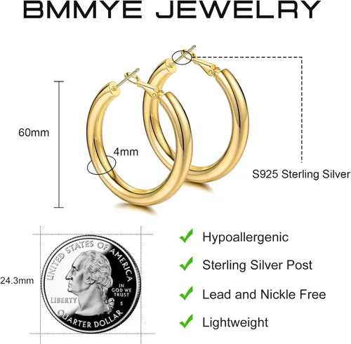 Miniatura 4 de Aretes de aro de oro grueso, aros ligeros de tubo de aulllow dorados gruesos para mujer, aretes grandes hipoalergénicos de 0.984in, 1.181in