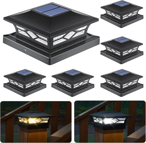 Miniatura 13 de APONUO - Luces solares para punta de poste, paquete de 6, 2 modos, luces solares para postes de valla, IP65 impermeables, encendido/apagado