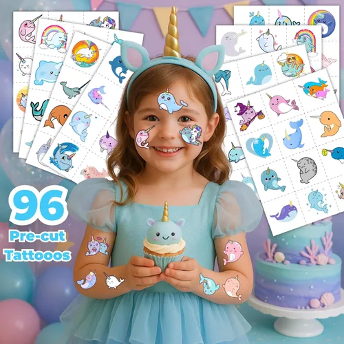 Miniatura 2 de 96 tatuajes temporales precortados de narval – Suministros de fiesta de cumpleaños con temática de ballena, lindas calcomanías para niños, recuerdos