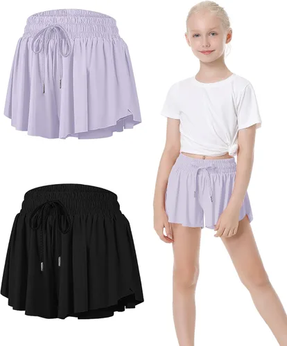 QooNoo Girls Butterfly Shorts with Pocket Flowy Athletic Shorts High Waist Preppy Running Shorts for Kids Teen