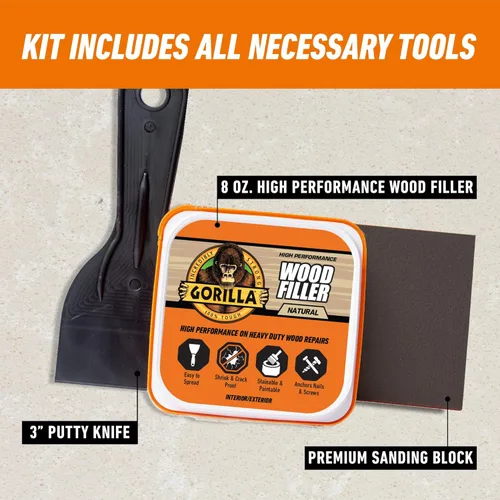 Miniatura 2 de Kit de reparación de madera de Gorilla, relleno multiusos con espátula y bloque de lijado.