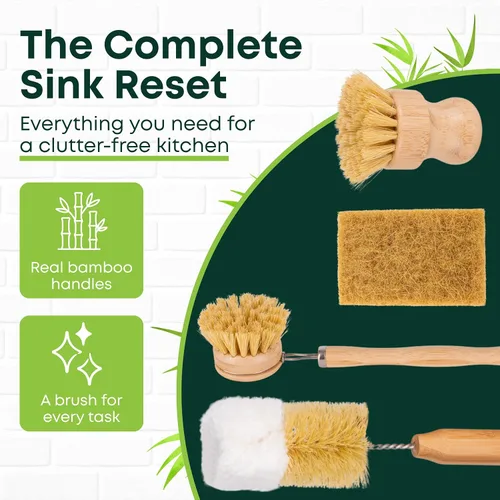 Miniatura 7 de Tieralia Juego de 5 cepillos de bambú para platos, kit de limpieza de cocina ecológico con cepillo para botellas, cepillo largo para platos