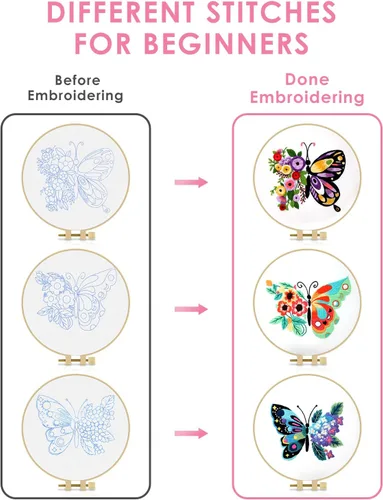 Miniatura 3 de TINDTOP 3 juegos de kit de práctica de bordado, kit de bordado de mariposas y flores para principiantes incluye tela, aros, hilos para amantes