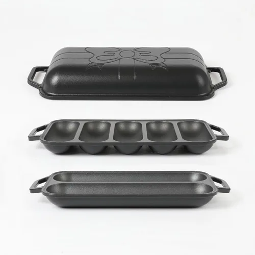 Miniatura 3 de HAWOK Pan de baguette de hierro fundido pre-sazonado, juego de hornear 3 en 1 con bandeja completa de baguette, mini bandeja de 5 ranuras y bandeja
