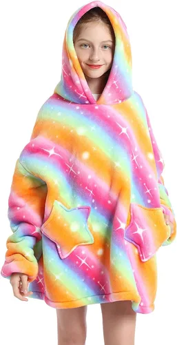 Miniatura 28 de Manta con Capucha Vestible para Niños de 4-12 Años, Manta con Capucha de Animales de Tamaño Grande, Súper Suave, Cómoda, Cálida, Franela de Rainbow