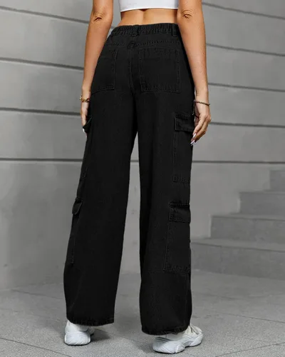 Miniatura 3 de Pantalones cargo para mujer, elásticos, de cintura alta, holgados, con bolsillo con solapa, rectos, casuales, Y2K.