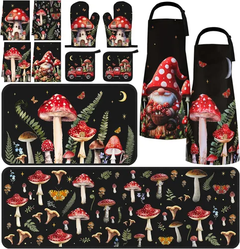 Miniatura 8 de Fourluoo Juego de 12 piezas de decoración de cocina de granja navideña, 4 toallas de cocina, 2 delantales de Navidad, 2 guantes de horno, 2 soportes