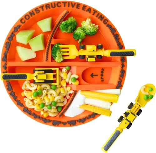 Miniatura 2 de Set de plato y utensilios para comer Constructive Eating con motivo de construcción, Amarillo y naranja