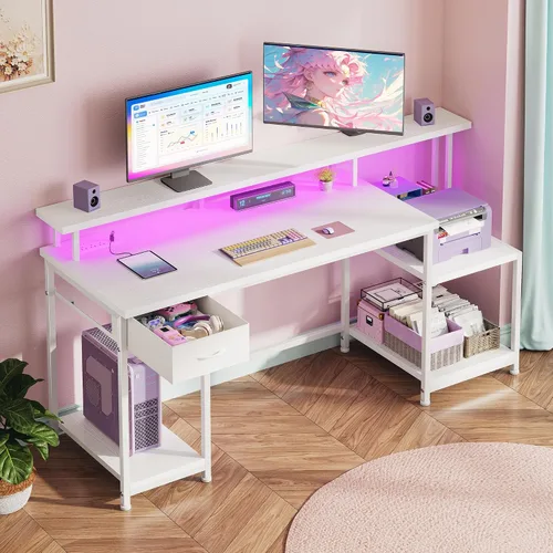 Miniatura 11 de Escritorio negro para juegos con luces RGB y 3 tomas de corriente alterna, escritorio de computadora de oficina con soporte de monitor de 55